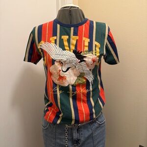 Men’s Civil Regime Striped T-Shirt Bird Swan Roses Floral 100% Cotton Sz Small